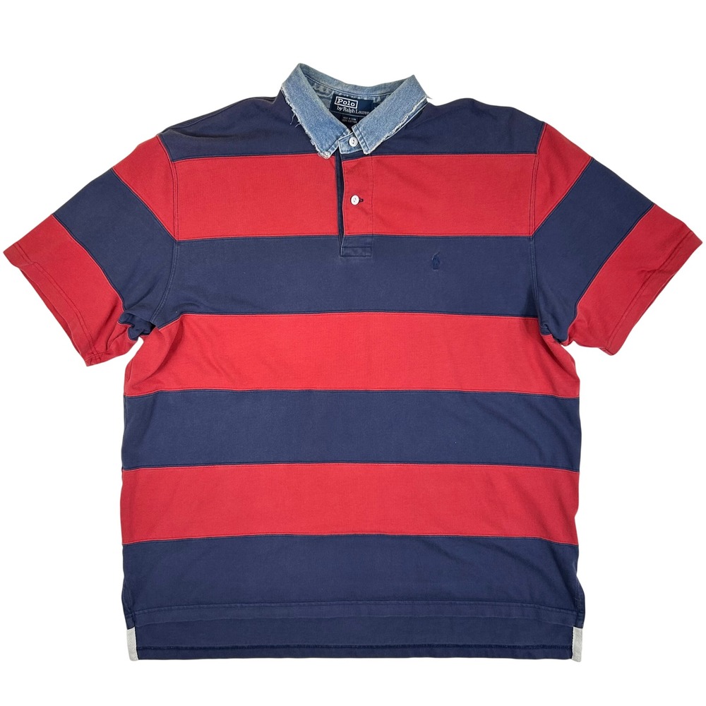 Polo Ralph Lauren Men XXL Rugby Shirt Navy Red Striped Denim Collar Short Sleeve